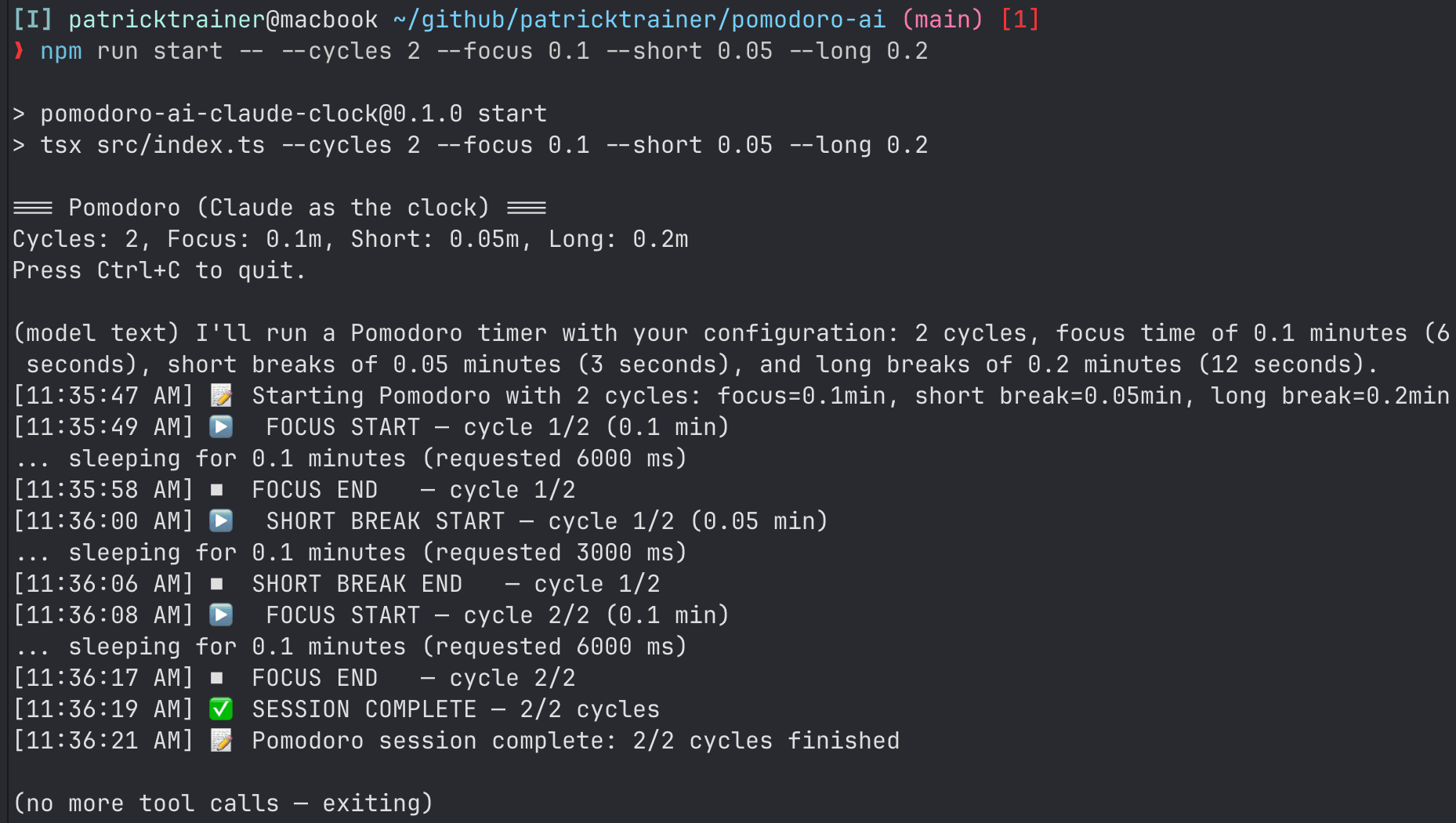A screenshot of the Pomodoro timer in action, showing a countdown and notifications.